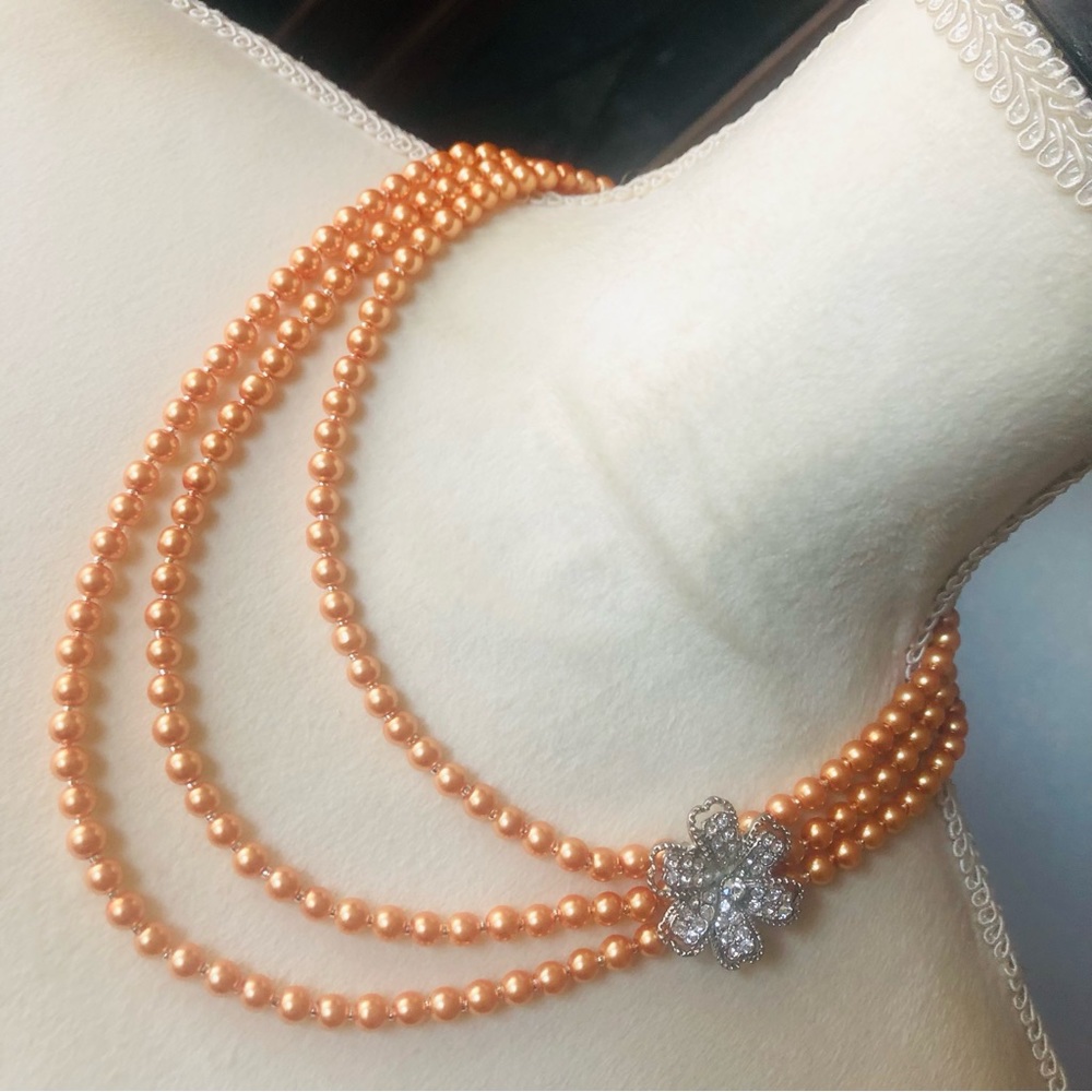 Handcrafted triple strand golden peach Czech glass pearl crystal clasp necklace